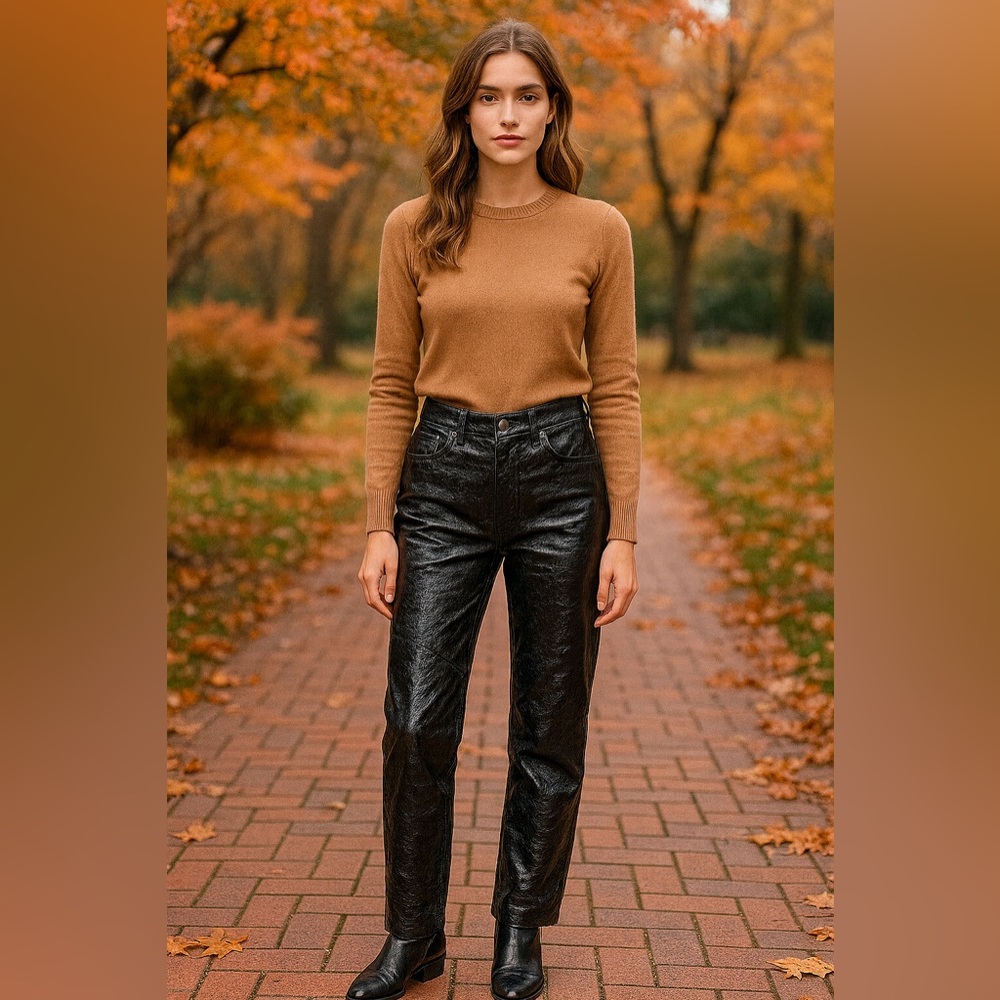 Almaz Vintage Black Lamb Leather V-Cut Pants Small Crinkled Shiny Straight Leg